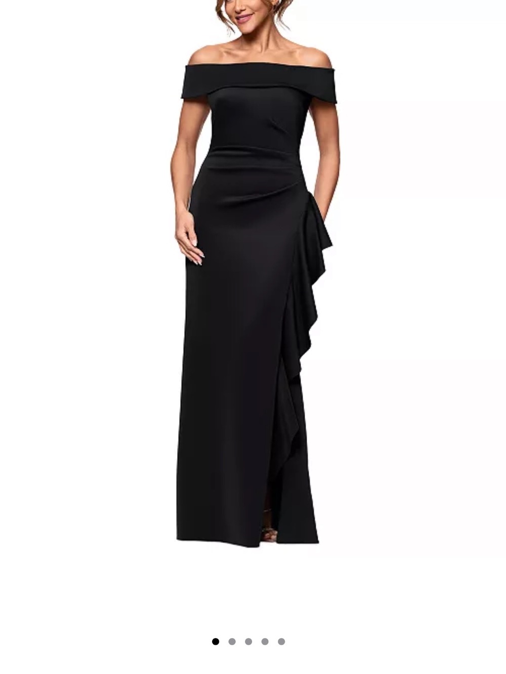 Xscape One-Shoulder Black Evening Gown with Side Ruffle